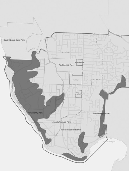 In dark grey are the areas that are landslide hazardous on Finn Hill and Goat Hill in Kirkland